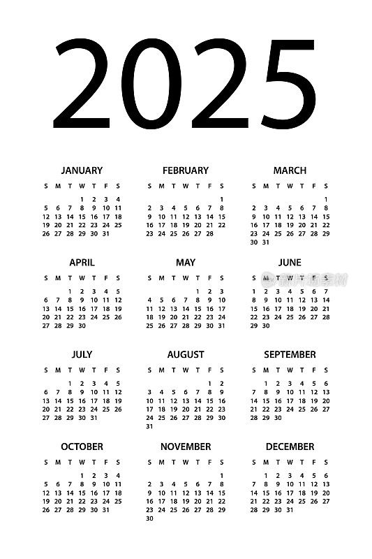日历2025 -简单的布局插图。一周从周日开始。日历设定在2025年